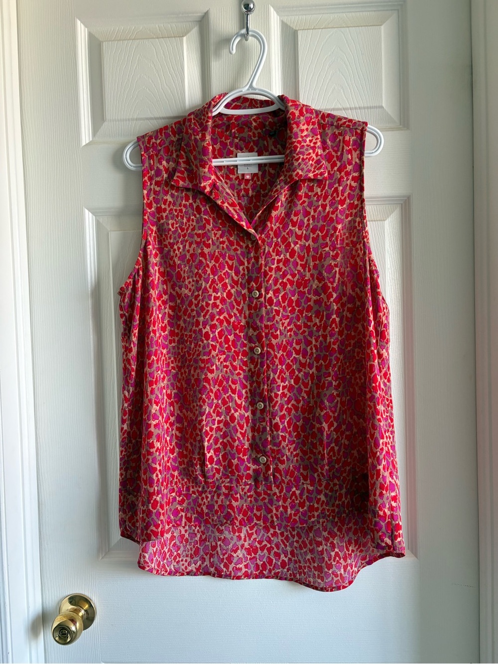 CAbi Sleeveless Button-Front Blouse in Red and Pink Print